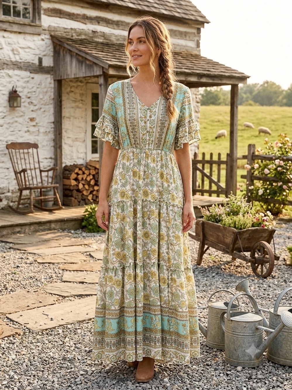 Boho Tiered Maxi Dress in Sage Green & Cream